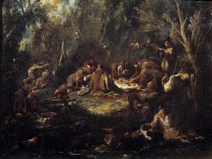 Manastır yaşamının sahnesi Keşişler kahvaltı yapıyor, bir çalılıkta dua ediyor ve okuyor. Alessandro Magnasco
