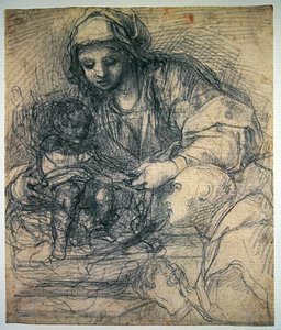 Carthusian Monk ile Madonna ve Çocuk (açık mavi kağıt üzerinde kalem üzerinde siyah tebeşir) by Alessandro Tiarini