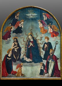 Azizlerle Madonna ve Çocuk (panelde yağlı boya) by Alessio & Scheggini Michele da Larciano (known as Graffione) (1470 85) Baldovinetti