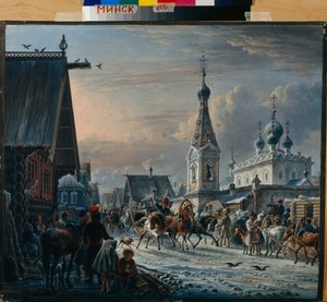 Rus posta kızakları (troyka) kışın bir sokakta dolaşıyorlar ve yolda sakinleri selamlıyorlar (Posta Arabalı Sokak) - Alexander Osipovich Orlowski (1777-1832) tarafından resim