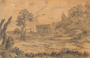 Arka Planda Tepeler Olan Bir Nehrin Yanındaki Binalar by Alexander Cozens