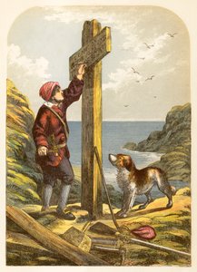 Robinson Crusoe kıyıda bir direk dikiyor by Alexander Francis Lydon