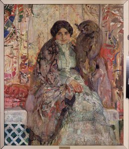 Kartal baykuşu olan kadın. Alexander Ivanovich Savinov'un tablosu (1881-1942), tuval üzerine yağlı boya by Alexander Ivanovich Savinov