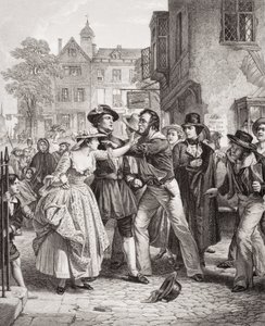 The Press Gang seizing a waterman on Tower Hill on the morning of his marriage day, from `Illustrations of English and Scottish History