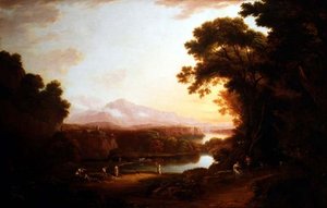 Dans eden köylülerle İtalyan tarzı manzara (tuval üzerine yağlı boya) by Alexander Nasmyth