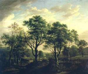 Figürler ve sığırlarla ormanlık nehir manzarası (tuval üzerine yağlı boya) by Alexander Nasmyth