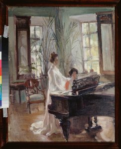 Dans le salon de resepsiyon (Resepsiyon Odasında) - İki kadın müzik yapıyor, şarkı söylüyor ve piyano çalıyor - Alexander Valentinovich Sredin (Sredine) (1872-1934), karton üzerine yağlı boya - 19. yüzyılın sonları - 20. yüzyılın başlarında Rus sanatı, mod