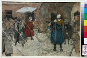 İnsanlar kışın sokakta kar süpürür - Alexander Ivanovich Vakhrameyev