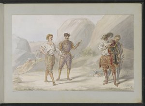 Kayalık bir manzarada kılıçlı dört adam by Alexander Ver Huell