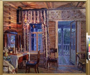 Simge Lambalı İç Mekan. Alexander Viktorovich Moravov'un (Alexander Victor) (1878-1951) tablosu, tuval üzerine yağlı boya
