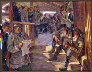 Erkeklerin konuştuğu, okuduğu, akordeon çaldığı bir Rus ordusu kayıt noktasındaki sahne. (İşe alım istasyonunda). Alexander Viktorovich Moravov'un (Alexander Victor) tablosu (1878-1951)