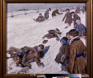 Kış Sporları (Kış Sporları). Karlı bir alanda kızak sahnesi, sıcak giyimli çocuklar eğleniyor ve yüksek sesle gülüyor. Alexander Viktorovich (Alexander Victor) Moravov'un (1878-1951) tablosu, tuval üzerine yağlı boya