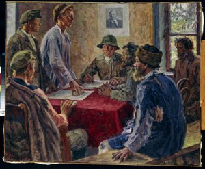 1918'de yoksul köylüler komitesinin bir toplantısı (1918'de Yoksul Köylüler Komitesinin Bir Oturumu). Tablo, Alexander Viktorovich Moravov (Alexander Victor) (1878-1951) tarafından, tuval üzerine yağlı boya