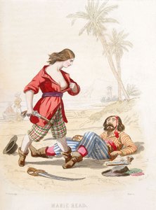 Mary Read yenilmiş bir düşmana kendini gösteriyor, 19. yüzyıl ortaları (renkli gravür) by Alexandre (after) Debelle