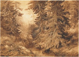 Dağ Çayı Olan Eski Bir Çam Ormanı by Alexandre Calame