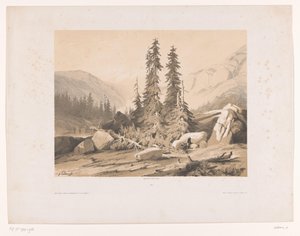 Köknarlar ve dağ keçileri Sapins ile dağ manzarası (nesnedeki başlık) by Alexandre Calame