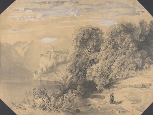 19. yüzyılın başlarından ortalarına kadar bir dağ gölünün yanında köpeği olan kadın. by Alexandre Calame