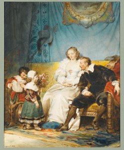 Rubens ve Hélène Fourment oturuyor, Frans elinde bir mektup tutuyor ve Isabelle Hélène onlara bir buket gül veriyor by Alexandre Evariste Fragonard