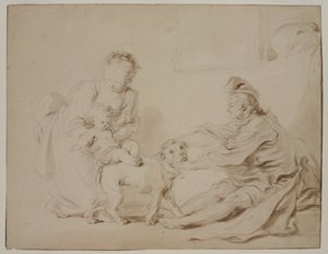 İlk Binme Dersi (La première leçon déquitation), c.1778 (antika serilmiş kağıt üzerine grafit ve kahverengi yıkama) by Alexandre Evariste Fragonard
