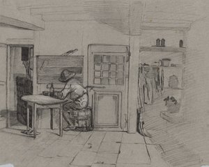 Bir Masada Bir Çocukla Bir Çiftlik Evi İçi by Alexandre Gabriel Decamps
