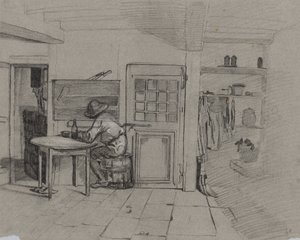 Bir Çocuk Masada Olan Bir Çiftlik Evi İçi, c. 1846. by Alexandre Gabriel Decamps