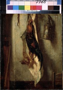 ""Horoz ve tavşan, kancaya asılı natürmort ve fener"" Resim Alexandre-Gabriel Decamps (Alexandre Gabriel) (1803-1860) 19. yüzyıl Dim. 28x24 cm Hermitage Müzesi, Sankt Petersburg (Saint -Petersburg) by Alexandre Gabriel Decamps