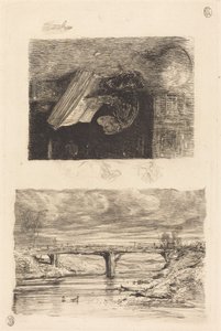Köprülü Nehir Manzarası; Bir Kitapta Çağrılan Maymun by Alexandre Gabriel Decamps