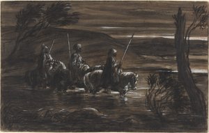 Üç Arap Atlısı Nehri Geçerken by Alexandre Gabriel Decamps