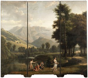 Bir nehir kıyısında çiçek toplayan bakirelerin olduğu bir Arkadya manzarası, ötesinde bir tepe kalesi, 1801