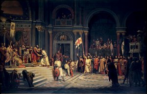 Birinci haçlı seferi: “” Godefroy of Bouillon (1061-1100), Aşağı Lorraine Dükü, Konstantinopolis'te Bizans İmparatoru Alexis Comnene'e bağlılık yemini ediyor