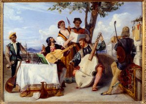 Bir terasta Venedik Konser Müzisyenleri (çello, ud, keman) ve şarkıcılar siyah bir hizmetçi tarafından servis edilir. Alexandre Hesse