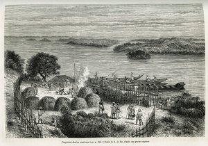 Kamp, kendisini yamyamlardan korumak için seferi güçlendiriyor Mouana Ntaba, Leopold (Kongo) nehri yakınında, A.De Bar tarafından çizildi, 1874-1877 yılları arasında Sir tarafından yapılan bir yolculuk olan “Gizemli Kıtada” hikayesini göstermek için çizdi.