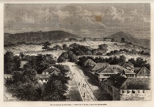 Rue et barracks de Freetown, Sierra Leone, engraving after the drawing of A. de Bar, illustrating the voyage to the Côte d