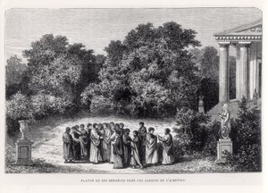 Plato (c.427-c.348 M.Ö.) ve Akademinin Bahçesindeki Müritleri, Louis Figuier tarafından 'La Vie des Savants Illustres'dan, Laplante tarafından oyulmuş, c.1870 by Alexandre de Bar