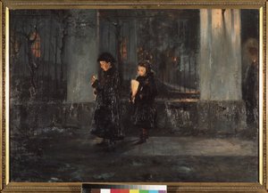 Kutsal Perşembe. Akşamları mum tutan iki küçük kız, Paskalya kutlaması için kiliseye gidiyor. Alexei Nikolaievich Ostrogradsky'nin (1867-1943) tablosu, tuval üzerine yağlı boya by Alexei Nikolayevich Ostrogradsky