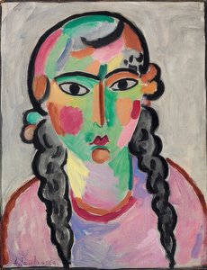 Gri örgülü solgun kız. 1916 civarında by Alexej von Jawlensky