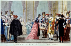 Yürütme Kurulunun aleni bir duruşması (1795-1798) Halk, talep veya şikayetlerini Devlet temsilcisine iletmek için gelir. Alexis Chataignier (1772-1817) 1795 tarafından gravür. Paris, B.N. by Alexis Chataignier