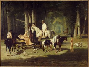 Bay ve Bayan A. Mosselman ve iki kızı ormanda at sırtında yürürler. Alfred de Dreux (1810-1860) 1848 Sun tarafından tablo. 2x2,65 m Paris, Petite Palais müzesi
