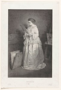 Bir baskıya bakan veya indiscrétion çizen genç kadın (nesne üzerindeki başlık) by Alfred François Lemoine