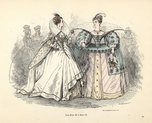 Kral Henry III ve IV döneminde kadın kostümlerinin karikatürü by Alfred Grevin