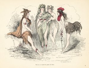 Hayvan derilerinden, kafalarından ve tüylerinden kostümler giyen kadın. by Alfred Grevin