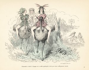 Devekuşlarına ve kuğulara binen hayvan derili ve tüylü kadınlar. by Alfred Grevin