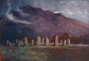 Göller Bölgesi: Druid Circle, Keswick yakınlarında, ay ışığı (renkli lito) by Alfred Heaton Cooper