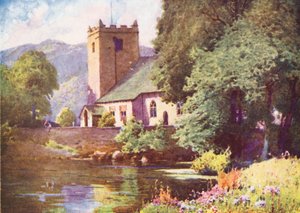 Göller Bölgesi: Grasmere Kilisesi (renkli taş baskı) by Alfred Heaton Cooper
