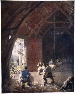 Koyun kırpma, Esthwaite Hall Çiftliği, orijinal suluboya baskı portföyünden, c.1920 by Alfred Heaton Cooper