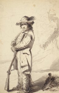 A Rocky Mountain Trapper, Bill Burrow, c.1837 (kalem, tükenmez kalem ve mürekkep ve kağıt üzerinde yıkama) by Alfred Jacob Miller