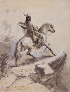 Crow Indian on Lookout, 1837 dolayları (kalem ve mürekkep, yıkama ve kağıt üzerine guaj boya) by Alfred Jacob Miller