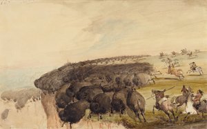 Bufalo Sürülerini Bir Uçurumun Üzerinden Sürmek, 1837 dolayları (kalem, tükenmez kalem ve mürekkep ve kağıt üzerine sulu boya) by Alfred Jacob Miller