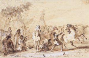 Akşam, Picketing Horses, c.1837 (kağıt üzerine kurşun kalem, yıkama ve guaj boya) by Alfred Jacob Miller
