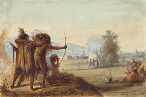 Yaylarını Test Eden Kızılderililer, c.1858 (kağıt üzerine kurşun kalem, sulu boya ve guaj boya) by Alfred Jacob Miller